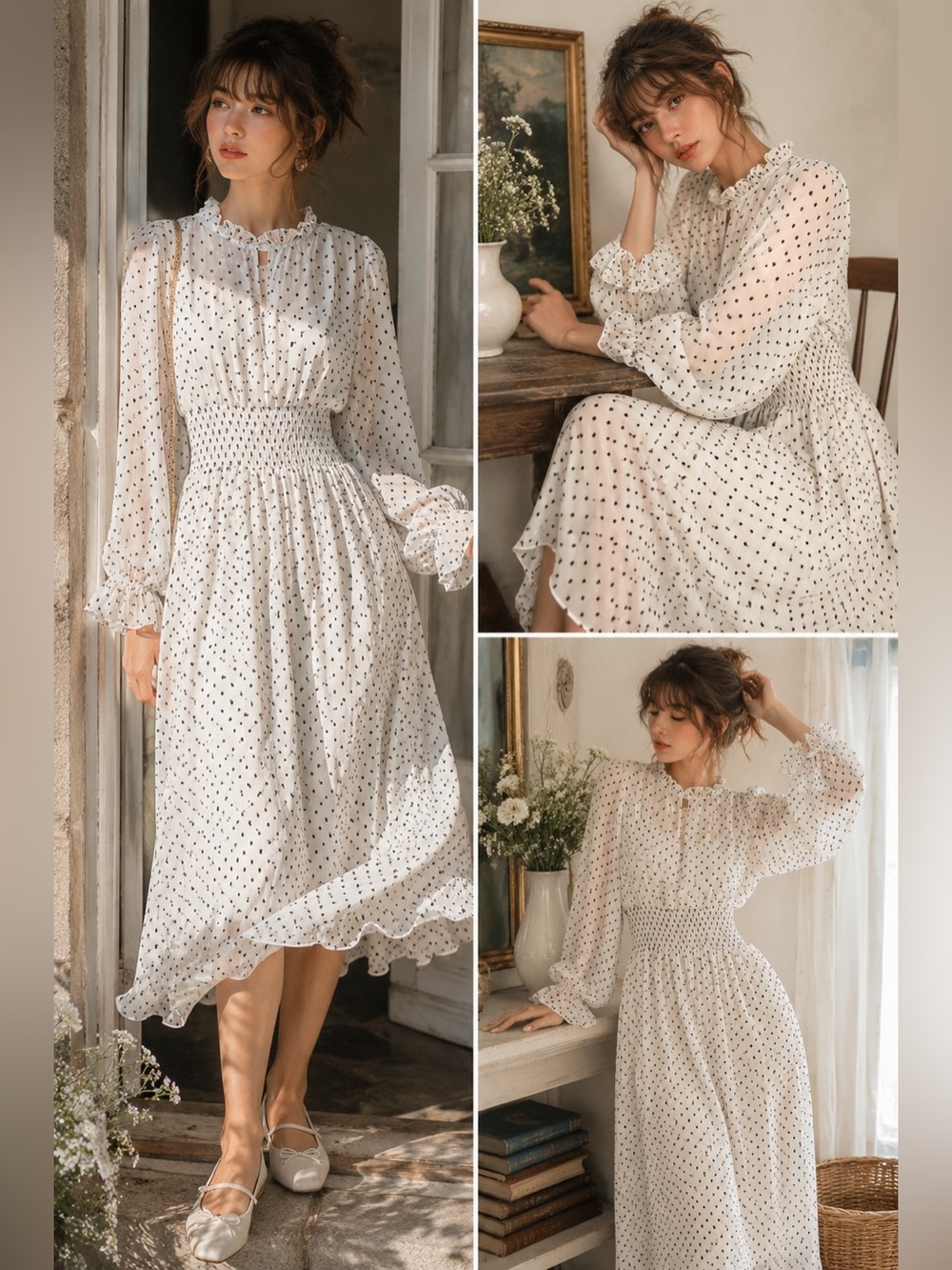 Premier Amour Swiss Dot Smocked Midi Dress White Black Polka Dot Medium